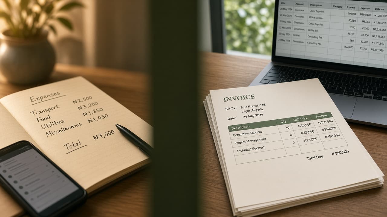 Personal notes beside business paperwork on separate desks